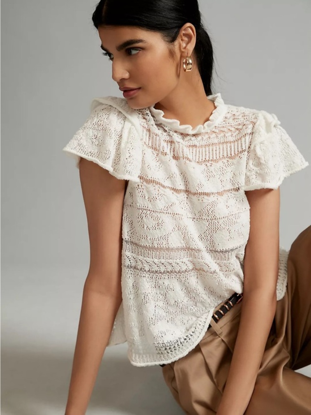 Anthropologie Lace Sweater Tee with Ruffle Sleeves Sz Small Petite
